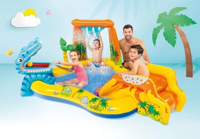Надувной игровой центр с горкой фонтаном и шариками Intex Dinosaur 249х191 см