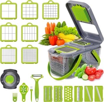 Овощерезка ручная Veggie Slicer 22в1 с контейнером и 13 насадками, мультирезка для овощей и фруктов Серая с зеленым
