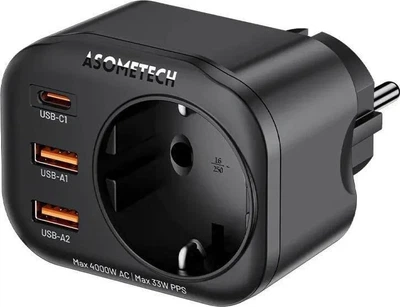 Зарядное устройство ASOMETECH WP09-F-PD 33W GaN PPS PD USB C, настенная розетка с розетками переменного тока 4000W быстрая зарядка для iPhone, Samsung 1C2A + 1AC Black