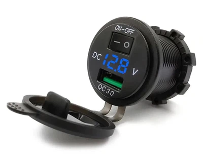 Гніздо прикурювача P10B USB QC 3,0 + вольтметр з кнопкою ON/OFF врізне з кришкою та синьою підсвіткою 12/24V