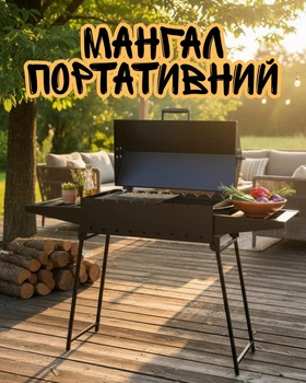 Мангал-барбекю розкладний 3 мм на 9 шампурів / складаний мангал гриль / переносний мангал для пікніка / мангал з полицями і решіткою гриль, чорний