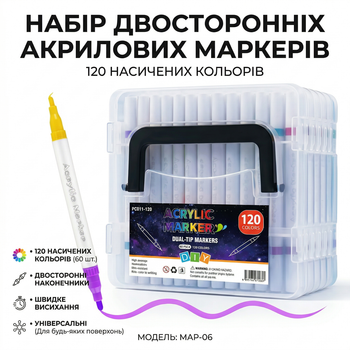 Набір двосторонніх акрилових маркерів для малювання (60 шт-120 кольорів) Acrylic (MAP-06) у прозорій коробці. Дитячі маркери