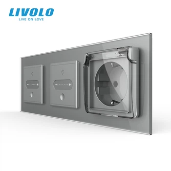 Умный проходной сенсорный диммер LIVOLO 2 сенсора (1-1) с розеткой IP44, крышка, серый 2.5D, стекло, заземление