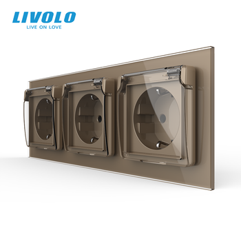 Тройная розетка LIVOLO с крышкой IP44, с заземлением, шторки, золотая, стеклянная рамка, 250В 16А (246640385)