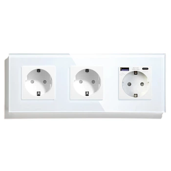 Розетка LUXION с USB A+C 20Вт, с заземлением, шторки, белая, стеклянная рамка, 250В 16А (246641208)