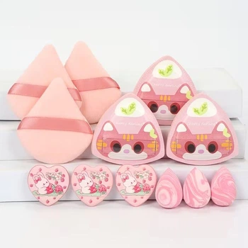 Спонжи для макияжа 12 шт Onigiri Cat, набор спонжей для макияжа разных форм, розовый