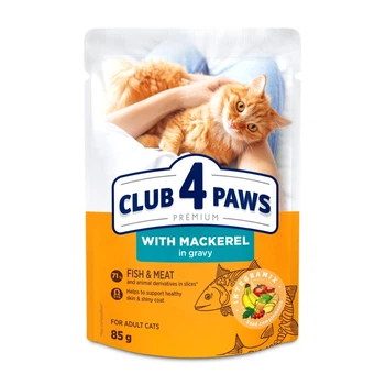 Вологий корм для котів CLUB 4 PAWS Клуб 4 лапи Premium With mackerel in gravy макрель в соусі 85 гр 24 шт