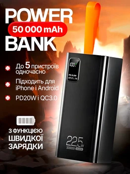 Повербанк 50000 mAh черный Power bank с быстрой зарядкой 22.5W повербанк с десплеем на 5 USB Type-C