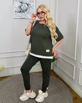 Спортивный костюм женский из турецкого кулира с футболкой свободного кроя и штанами на манжетах летний G&M k-129330 58-60 Размер цвет хаки
