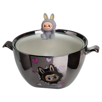 Миска-бульонница для супа и лапши фарфоровая LABUBU Bubu, 800 мл, 15 см, хром с серым