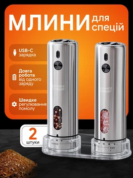 Млин для Солі і Перцю, Спецій - Набір Перечниця і Солонка, Млинок Електричний на USB для подрібнення Солі, Перцю і Спецій Корпус зі Сталі