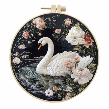 Набір для вишивання гладдю Лебідь 15 см | Embroidery kit для початківців | Водорозчинний стабілізатор