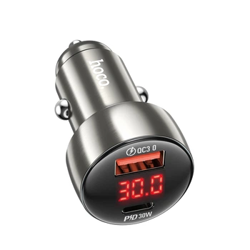 Автомобільний зарядний пристрій HOCO Z50 Leader 48W dual-port PD30W+QC3.0 car charger with digital display Metal Grey