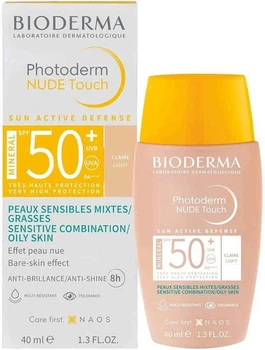 Сонцезахисний тональний флюїд для обличчя Bioderma Photoderm Nude Touch Mineral SPF 50+ РА++++, Claire Light, 40мл.