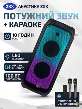 Портативная акустическая колонка ZXX 100Вт Bluetooth караоке с 2 микрофонами FM USB SD аккумуляторная