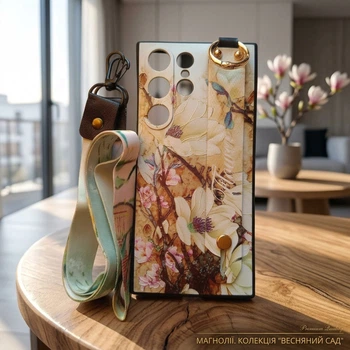 Силиконовый чехол для Samsung Galaxy S24 Ultra с ремешком-подставкой и на шею Цветы на бежевом