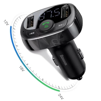 FM-трансмиттер модулятор ФМ с bluetooth автомобильный с функцией громкой связи блютуз в машину от прикуривателя 12-24V автомобильное зарядное устройство для телефона Baseus T typed Black