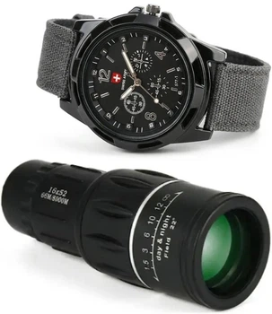 Комплект монокуляр BUSHNELL 16X52 + Мужские наручные часы Swiss Army в армейском стиле