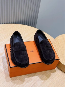 Мужские лоферы Hermes Эрмес из замши темно-коричневого цвета, натуральная кожа, классические мокасины 41 размер