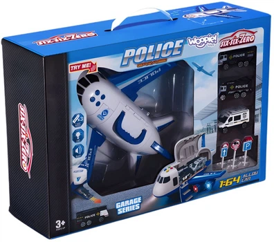 Zestaw policji Woopie Samolot + Rozkładany transporter z 3 autami + Znaki drogowe 1:64 Biało-niebieski 58144 (5906280658144)