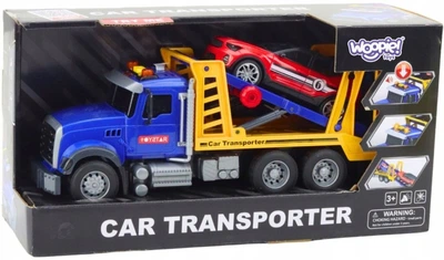 Ciężarówka transporter Woopie laweta z autkiem z efektami świetlnymi i dźwiękowymi 1:14 Niebieska 57215 (5906280657215)