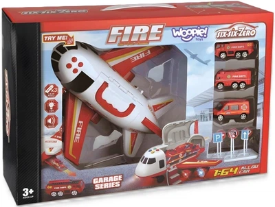 Zestaw straży pożarnej Woopie Samolot + Rozkładany transporter z 3 autami + Znaki drogowe 1:64 Biało-czerwony 58137 (5906280658137)