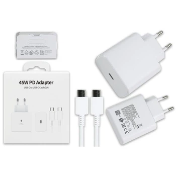 Сетевой зарядный адаптер Sumsung 45 Вт PD Adapter No Logo + кабель Type-C – Type-C 5А Белая