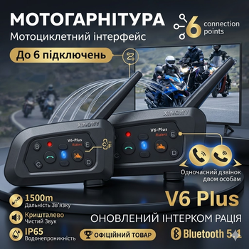 Мотогарнитура Moshono V6 Plus: Bluetooth 5.1 интерком для 6 человек, 1500м, IP65, 850 мАч, активное шумоподавление, Черный (v6-pl)