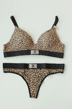 Комплект белья Victoria's Secret Cotton Lightly Lined Wireless Bra Shine Patch Leopard Set 34C-XS
