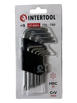 Набір ключів Г-подібних TORX, з отвором, 9 шт., Т10-Т50, Cr-V INTERTOOL HT-060
