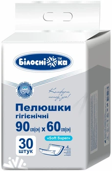 Пеленки гигиенические Білосніжка Soft Super 90х60 см с 4-мя адгезивными углами 30 шт (4820180246830)