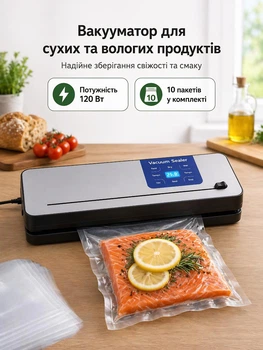 Вакууматор побутовий для сухий і вологих продуктів їжі з дисплеєм та різаком 120 Вт вакууманий пакувальник автоматичний вакуматор вакууматори для пакування зберігання вакуумування домашній кухонний ручний вакуумний дому кухні м'яса упаковки на кухню Сталь