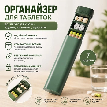 Органайзер для таблеток на 7 днів — компактний дорожній контейнер для пігулок, зручний кейс для ліків у сумку та подорожі, зелений