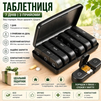 Таблетниця - органайзер для ліків на 7 днів (ранок / день / вечір) — футляр для пігулок і вітамінів, дорожній контейнер, щотижневий кейс для медикаментів, чорна