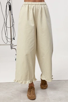 Свободные укороченные котоновые брюки с рюшами Lurex Бежевый S (1605)