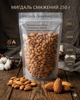 Мигдаль смажений золотий Власне виробництво, 250 г, пакет, горіхи, смажений