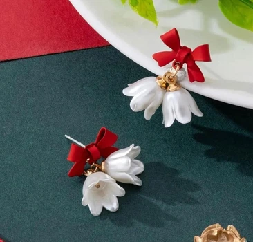Сережки гвоздики красные бантики с красными бантиками с цветочками Красный Белый (2136)