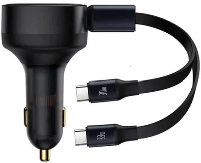 Автомобільний зарядний пристрій Зарядка в авто Baseus Enjoyment Retractable 33W з вбудованими кабелями 2Type-C 0.75м (C00035500111-00) Black