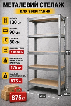 Стелаж металевий складний для гаража 180×90×30 см 175 кг GWI5870 полиця-трансформер для інструментів майстерні складу підвалу розбірний сервісний стелаж універсальний органайзер для зберігання коробок побутових речей міцна гаражна полиця