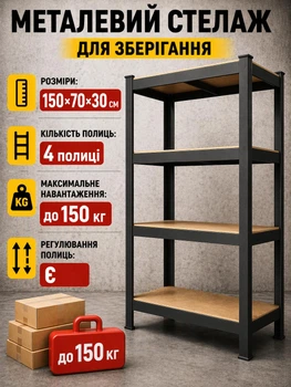 Стеллаж 4 полки металлический складной для гаража 150×70×30 см 150 кг GWI0582 для мастерской кладовой полка трансформер для инструментов коробок бытовых вещей разборный органайзер универсальный для хранения тяжелых предметов прочная полка