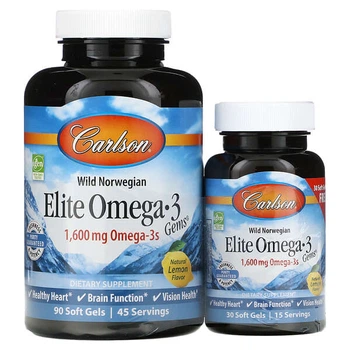 Омега-3 кислоти з норвезької риби дикого вилову 1600 мг, Carlson, Elite Omega-3 Gems, 90 + 30 капсул натуральний лимонний смак