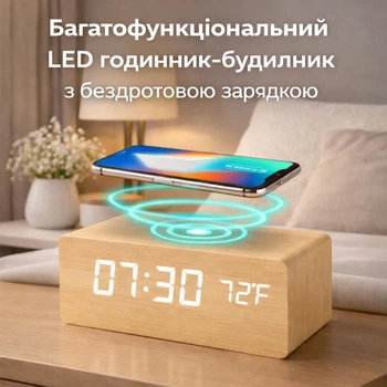 Многофункциональные LED настольные часы будильник с беспроводной зарядкой (бамбук и дерево с белыми цыфрами)