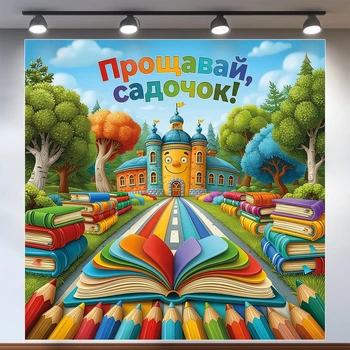Плакат для фотозоны Прощай детский сад Выпускной в детском саду с книгой и карандашами 160х160см