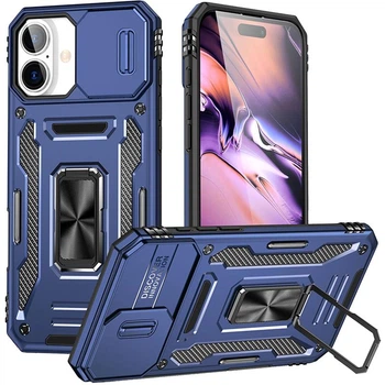 Чохол зі шторкою для камери Camshield Army Ring для Apple iPhone 16, ударостійкий кейс з кільцем-тримачем та функцією підставки Navy