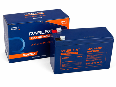 Аккумулятор Rablex RB1207 12V 7Ah, герметичный свинцово-кислотный (AGM), перезаряжаемый, для ИБП, охранных систем и сигнализации