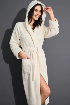 Халат женский с капюшоном на поясе Nusa 4275, 2XL, Кремовый, Krem