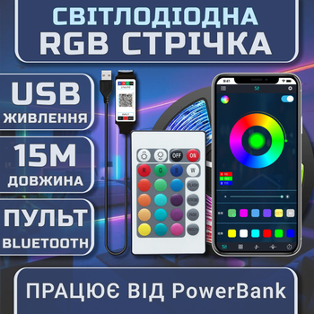 Світлодіодна стрічка комплект 15м з пультом 24 кнопки і Bluetooth LED RGB SMD3535 USB 5V 15 світлодіодів на метр