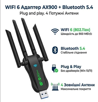 Адаптер Bluetooth 5.4 + WIFI6 AX900 Plug and play 4 Антенны