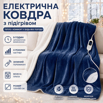 Электроодеяло премиум класса Kurekyur Sherpa-Flannel (130x180 см): 4 режима, автовыключение 9 ч, можно стирать, сине-белое
