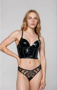 Бюстье корсет Midnight Affair Faux Patent Leather Push-Up - 34B - Черный